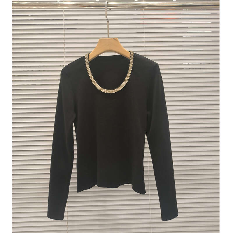 2026 French social octagonal collar heavy craftsmanship light luxury elegant slim fit Tencel long sleeved knitted women's top