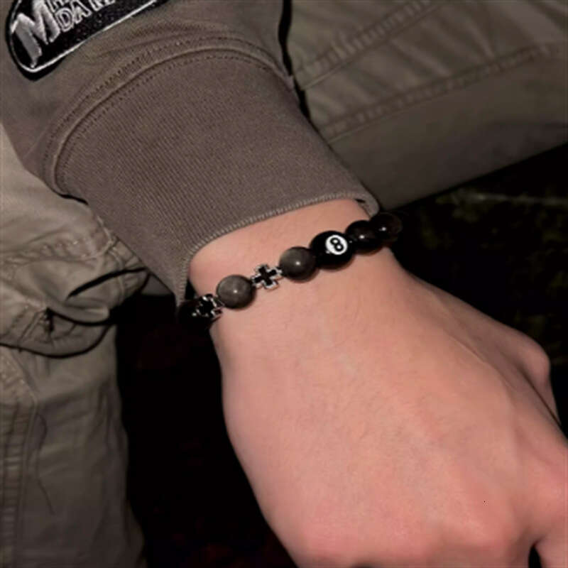 Beaded Bracelet Black 8-ball Adorned With Metal Cross Combined With Gold And Silver Obsidian Streetwear Cool Style
