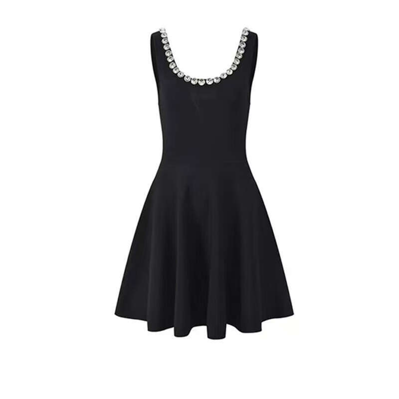 2026 autumn new style sexy and fashionable rhinestone decoration large U-neck backless knitted vest dress for women