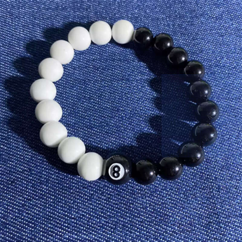 Beaded Bracelet Black 8-ball Adorned With Metal Cross Combined With Gold And Silver Obsidian Streetwear Cool Style