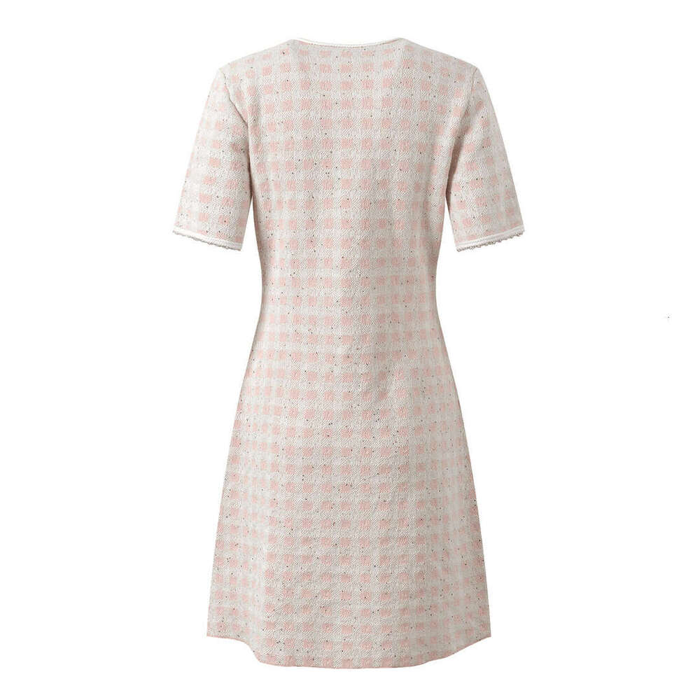 2026 Spring/Summer New Soft and Sweet Design Checkered Round Neck Knitted Short Sleeve A-line Dress