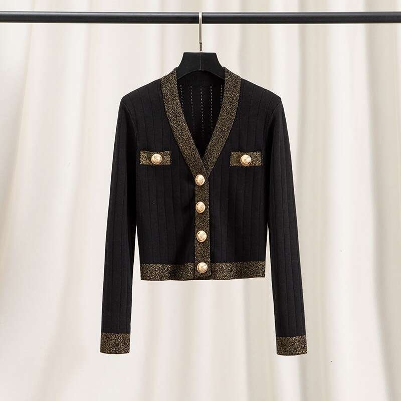 Elegant V-neck women's knitted cardigan spring and autumn style high-end fashion gold button basic shirt top