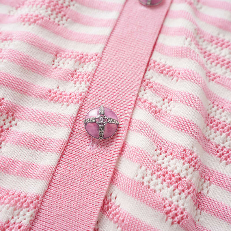 Girl style pink and white striped hollow round neck knitted cardigan, 2026 summer and autumn new top, women's clothing