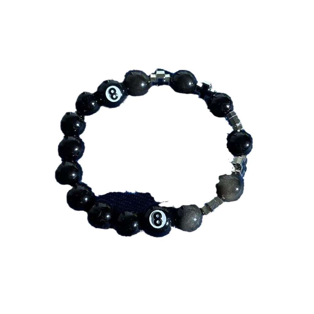 Beaded Bracelet Black 8-ball Adorned With Metal Cross Combined With Gold And Silver Obsidian Streetwear Cool Style