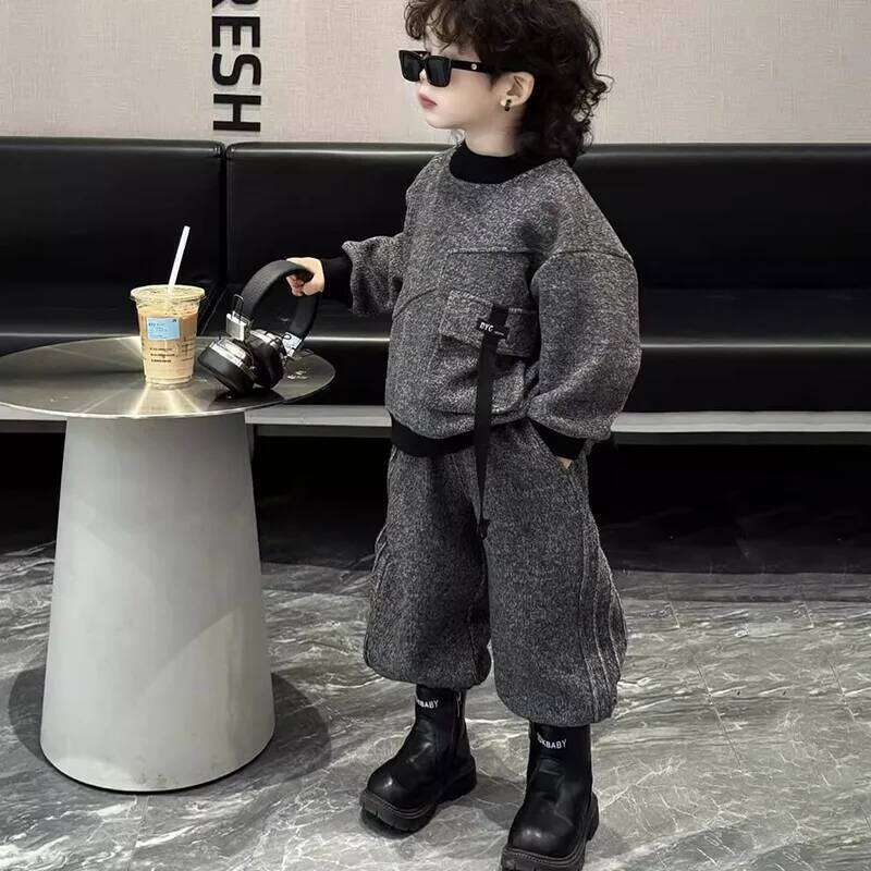 New Velvet Children 2026 Spring Autumn Hoodie Korean Edition Cool Handsome Casual Pants Children's Wear Two Piece Set 4-12Y 26H0211