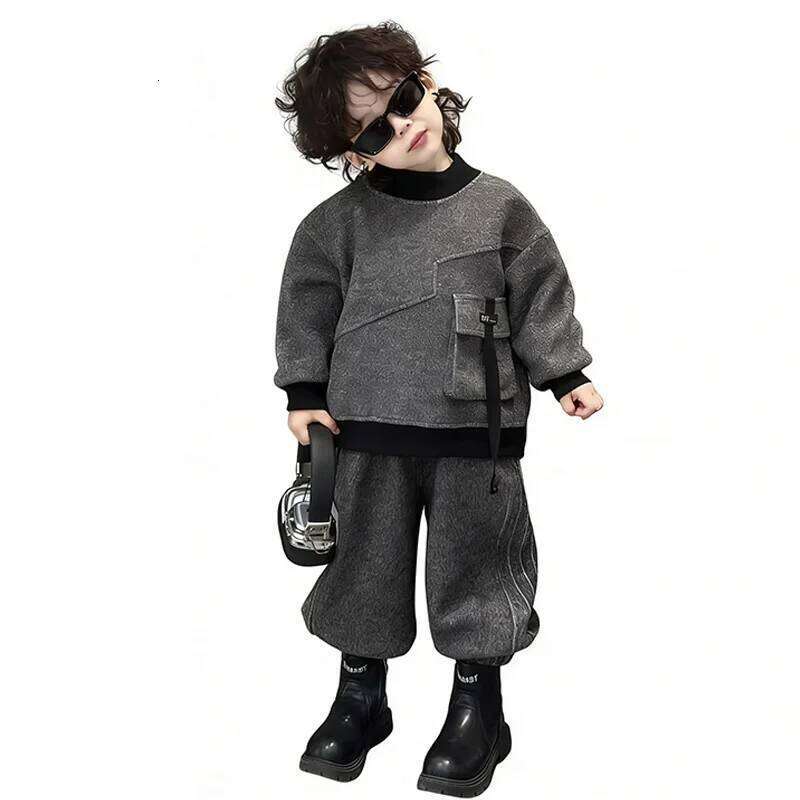New Velvet Children 2026 Spring Autumn Hoodie Korean Edition Cool Handsome Casual Pants Children's Wear Two Piece Set 4-12Y 26H0211