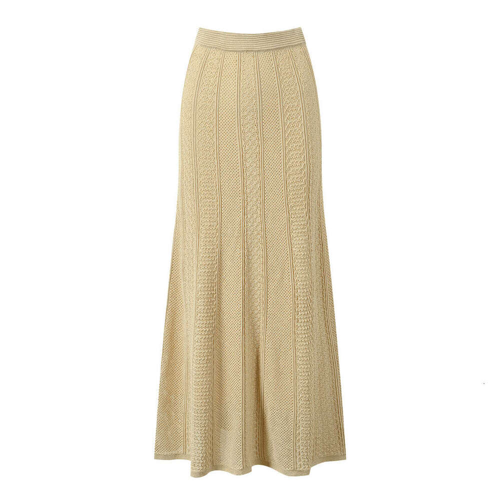 2026 Spring New French Gold Thread Hollow Knitted Open Knitted Woolen Sweater Midi Skirt Two Piece Set for Women