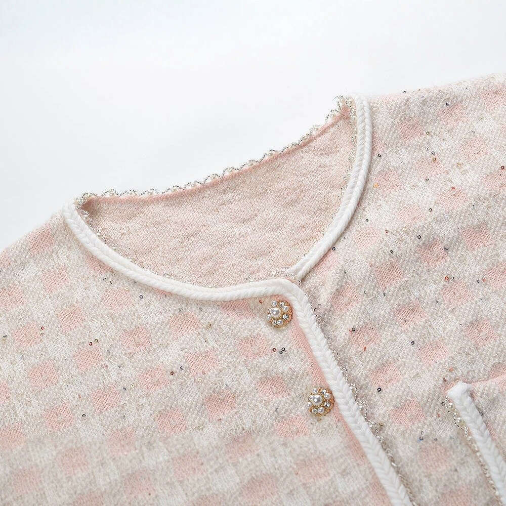 2026 Spring/Summer New Soft and Sweet Design Checkered Round Neck Knitted Short Sleeve A-line Dress