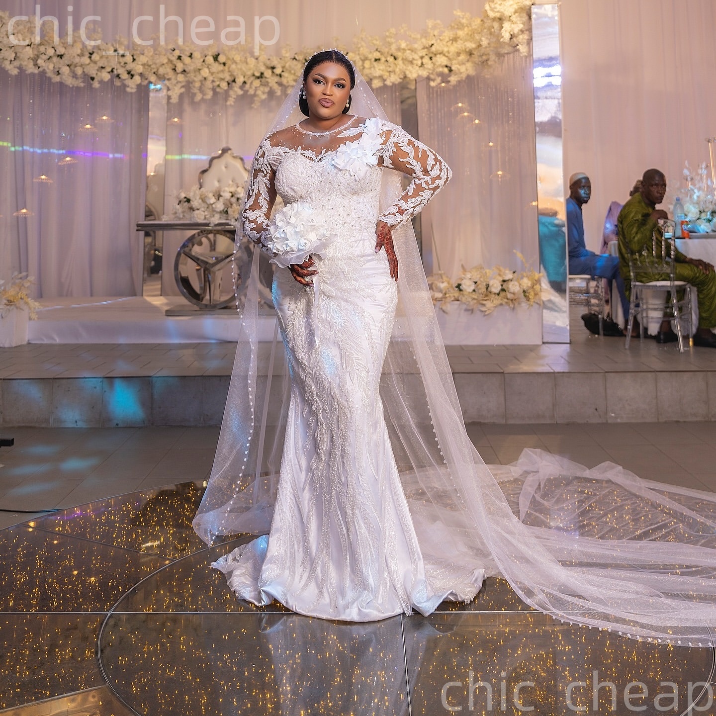 African Aso Ebi 2026 Ivory Breathtaking Mermaid Wedding Dress Flowers Beaded Crystals Lace Full Sleeves Transmative Train Charming Bridal Gowns Dresse