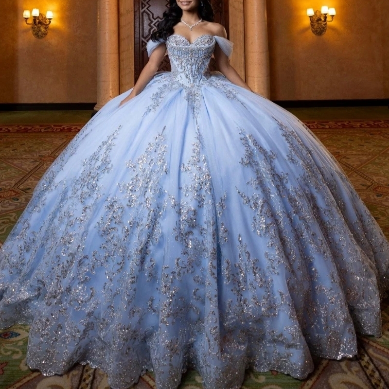 Light Blue Shiny Princess Quinceanera Dresses Ball Gown Lace Applique Beading Bow Sweet 16 Dress Vestidos De 15 Anos - view 4