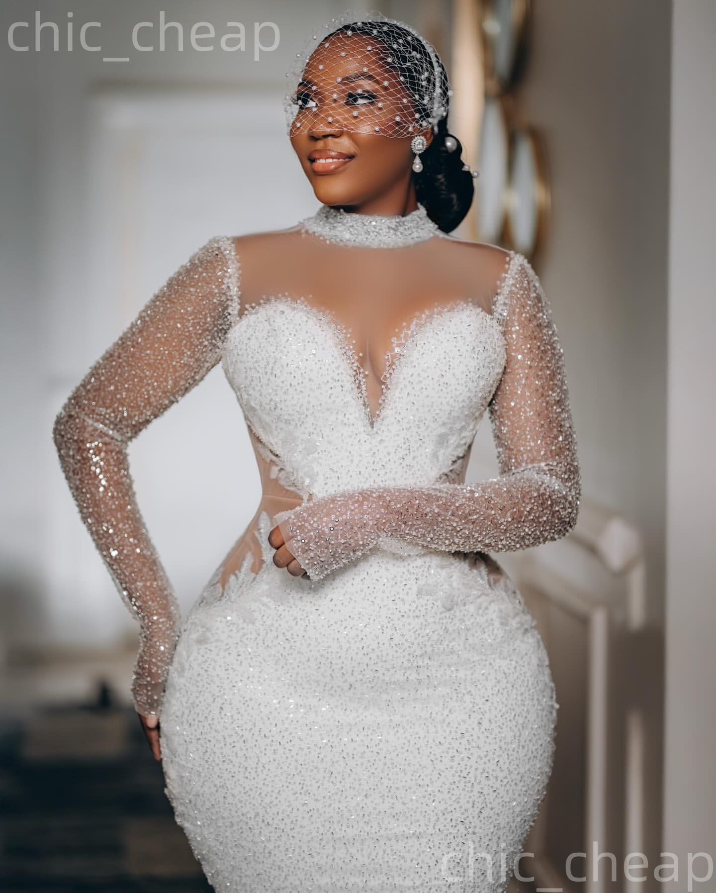 African Aso Ebi 2026 Ivory Mermaid Wedding Dress Illusion Beaded Sequined Lace High Neck Long Sleeves Sparkly Gowns Dresses ZJ2331