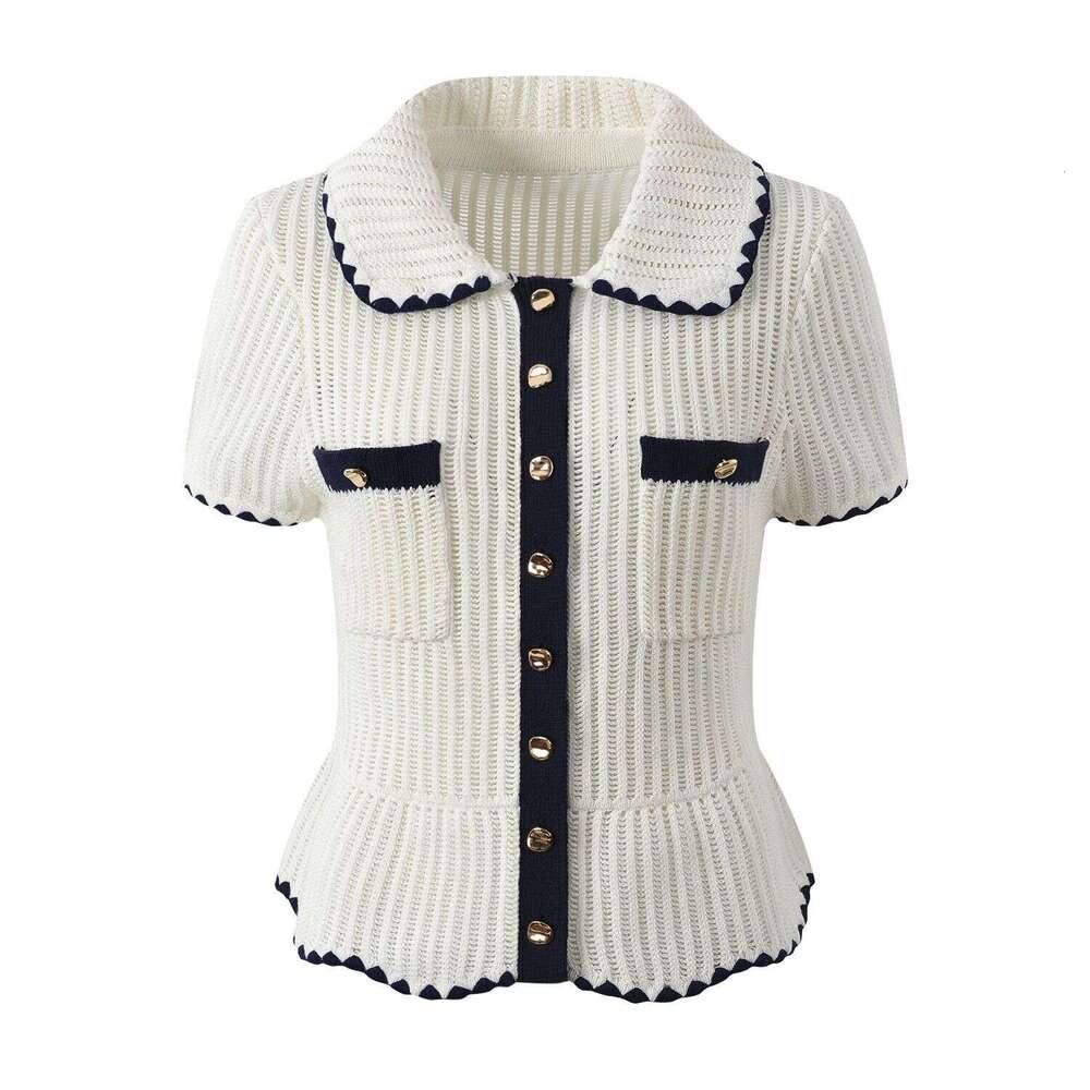 2026 Spring New Designer Color blocked Single breasted Elegant Short sleeved Knitted Top