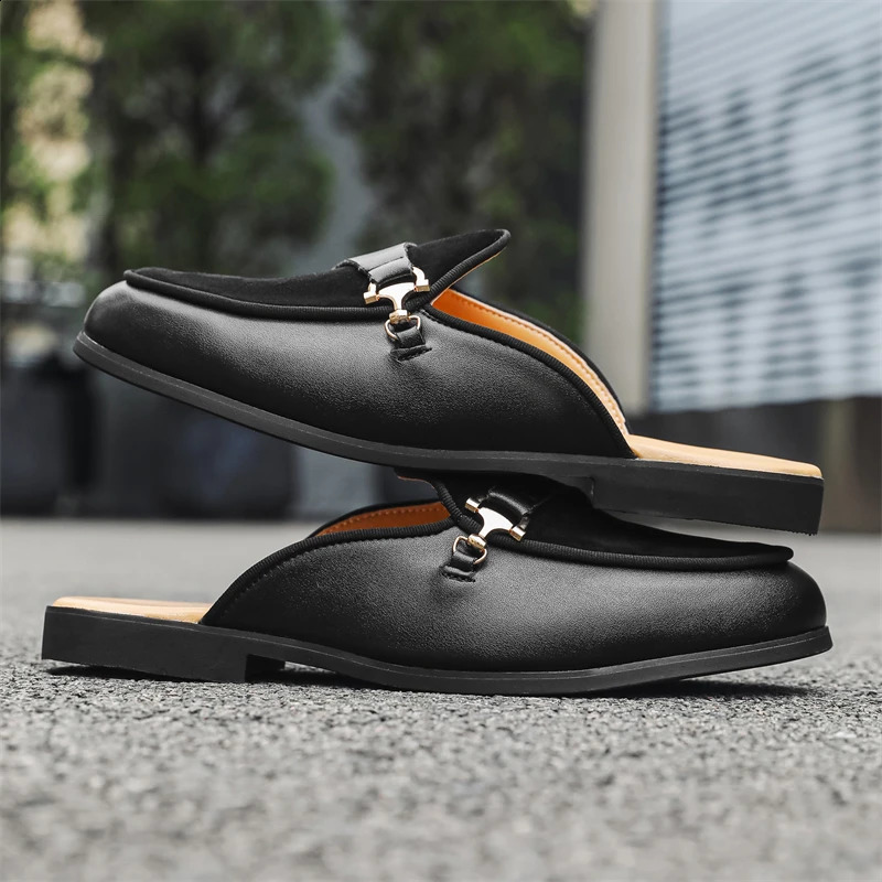 Trend Mens Charm Suede Leather Half Slippers Black Brown Shoes Male Casual Mules Breathable Moccasins 260202