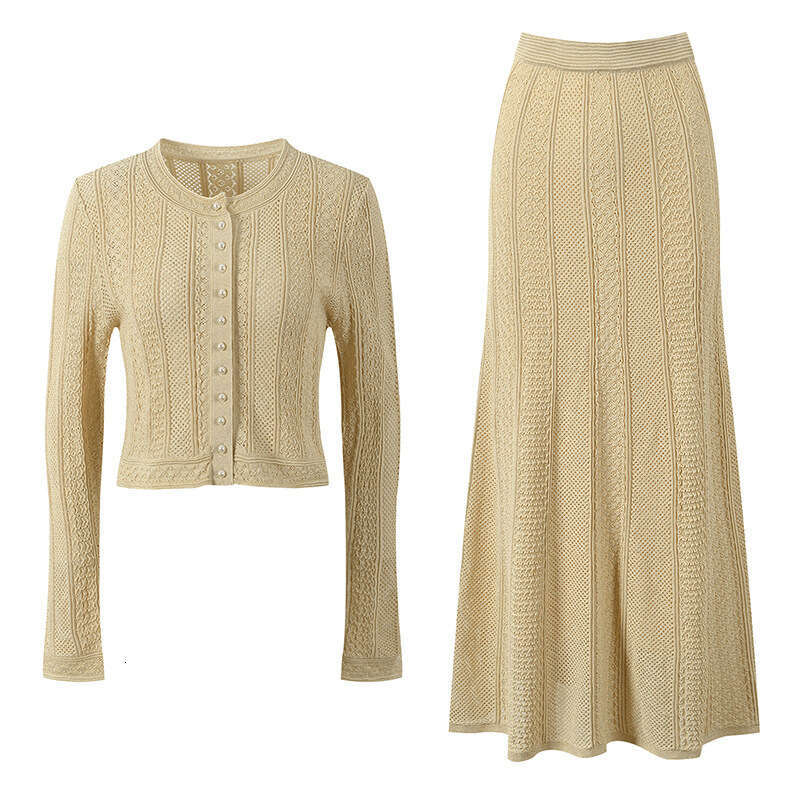 2026 Spring New French Gold Thread Hollow Knitted Open Knitted Woolen Sweater Midi Skirt Two Piece Set for Women