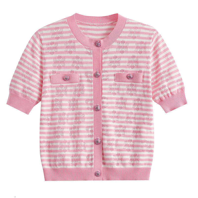 Girl style pink and white striped hollow round neck knitted cardigan, 2026 summer and autumn new top, women's clothing