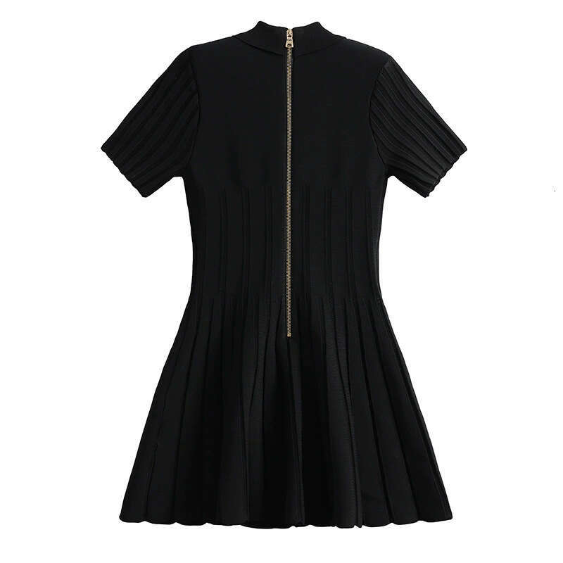 2026 European and American Spring/Summer Fashion Anti Stripe Knitted Collar Slimming A-line Elegant Black Women's Dress