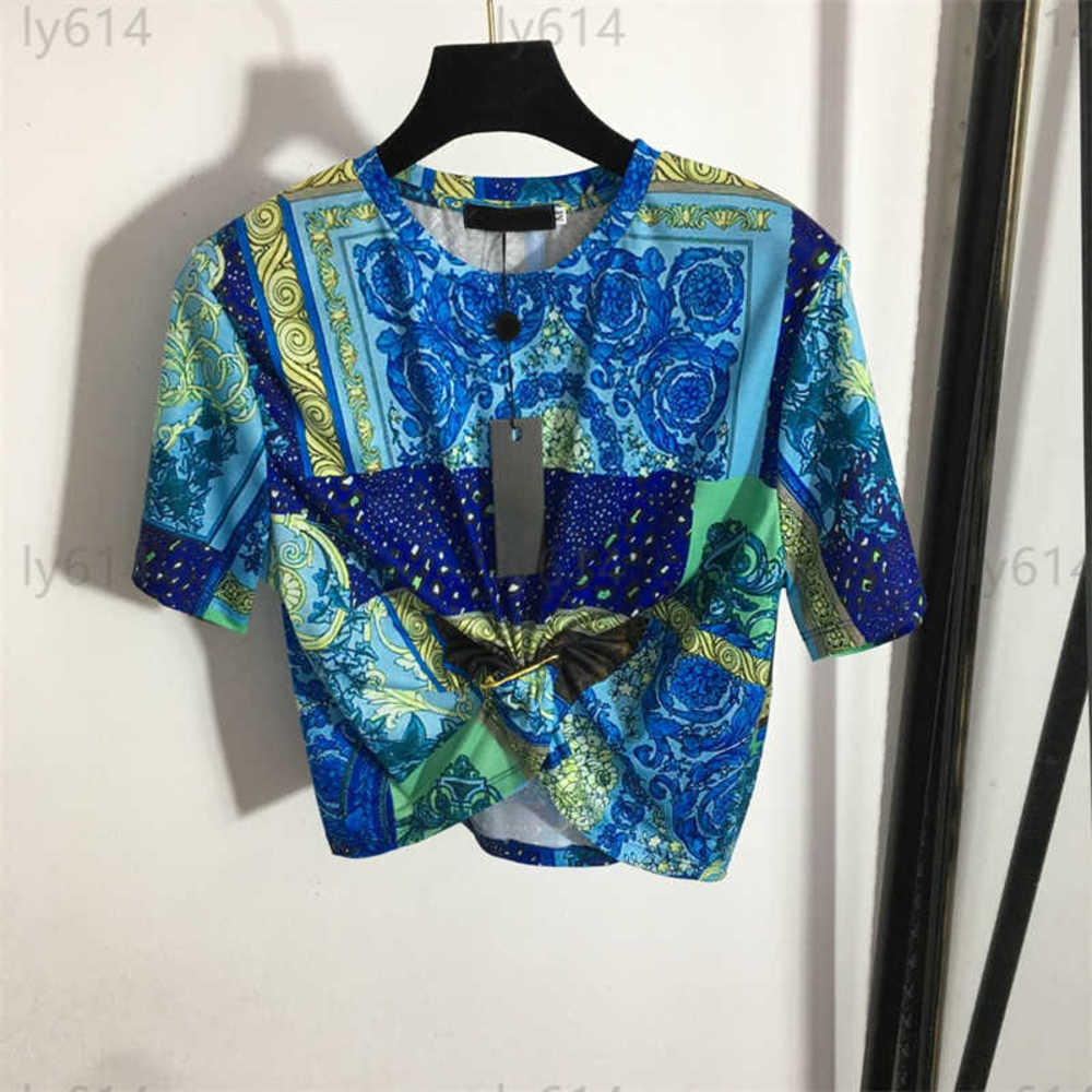 Designer T Shirt Women Crop Top Loose T Shirts Fashion New Vintage Floral Print Pin Waist Short Crop Crew Neck Short Sleeve Casual Style Quick Dry Tops Womens T-shirt