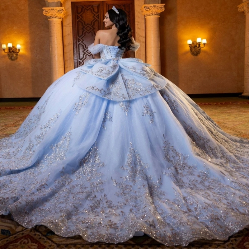 Light Blue Shiny Princess Quinceanera Dresses Ball Gown Lace Applique Beading Bow Sweet 16 Dress Vestidos De 15 Anos - view 3
