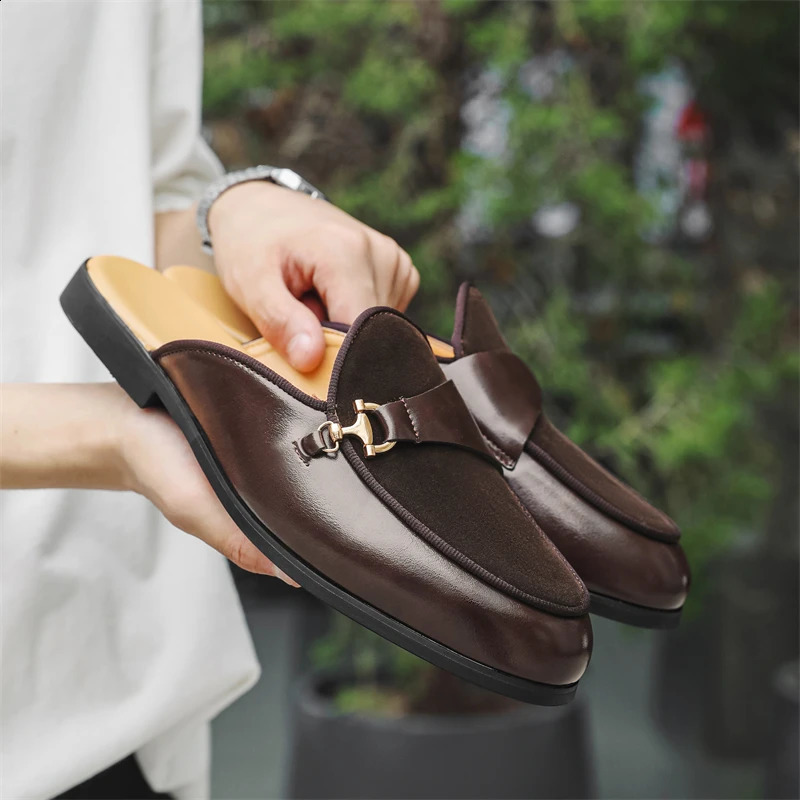 Trend Mens Charm Suede Leather Half Slippers Black Brown Shoes Male Casual Mules Breathable Moccasins 260202