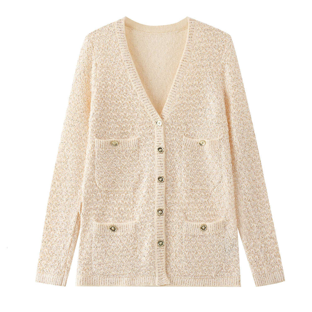 2026 autumn and winter French social V-neck gold sequin lace pocket high-end chic mid length cardigan wool sweater