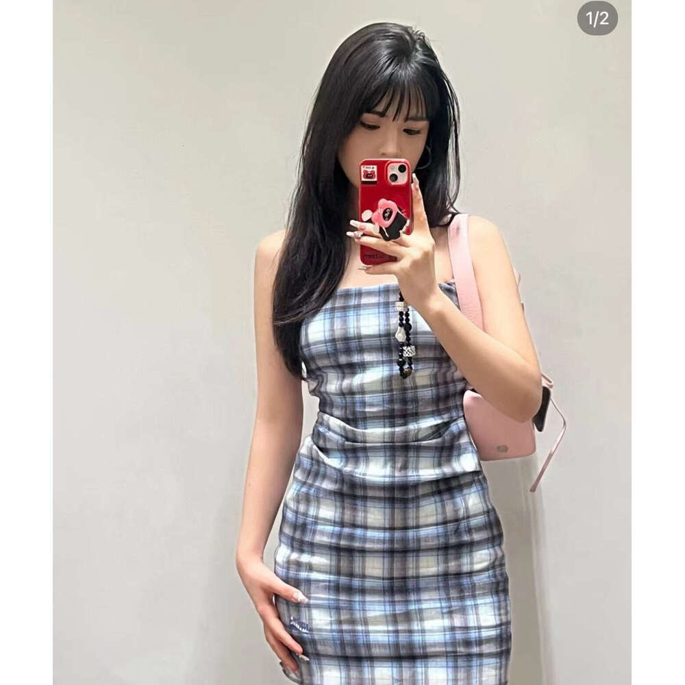 High quality 2026 summer new woven plaid vacation style women's linen suspender dress
