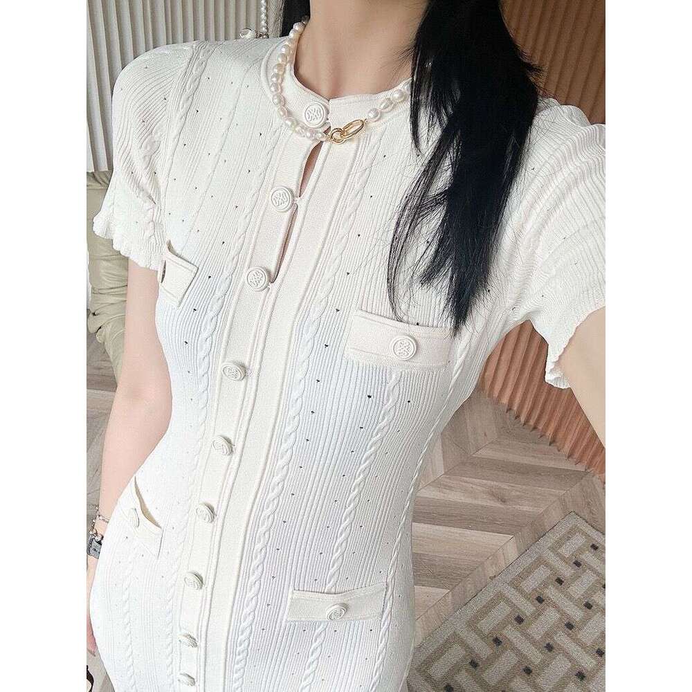 2026 autumn new women's French hollow short sleeved pleated knitted slim fit split dress