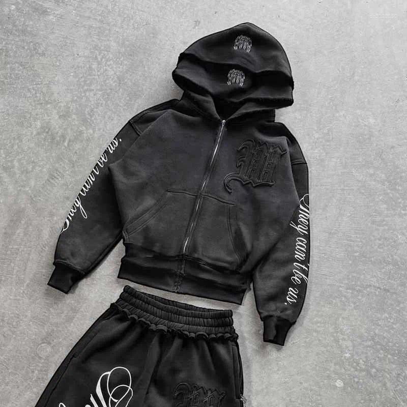 Men's Hoodies Grey Distressed Embroidery Tracksuit Set Women's Streetwear Oversized Hoodie & Pants Edgy Casual Two-Piece Outfit