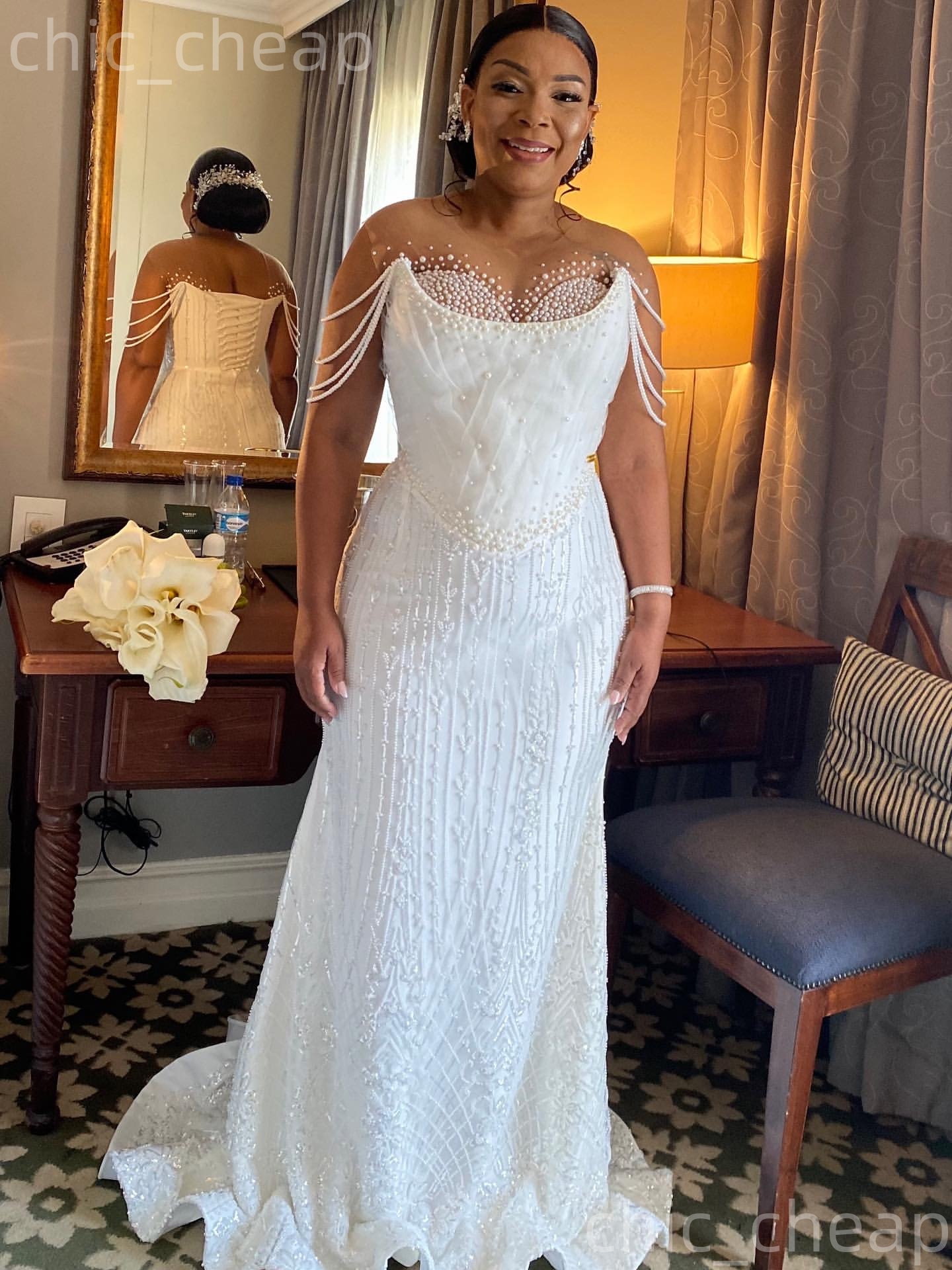 African Aso Ebi 2026 Ivory Mermaid Wedding Dress Sleeveless Pearls Beaded Sequined Lace Elegant Stylish Bridal Gowns Dresses ZJ2332