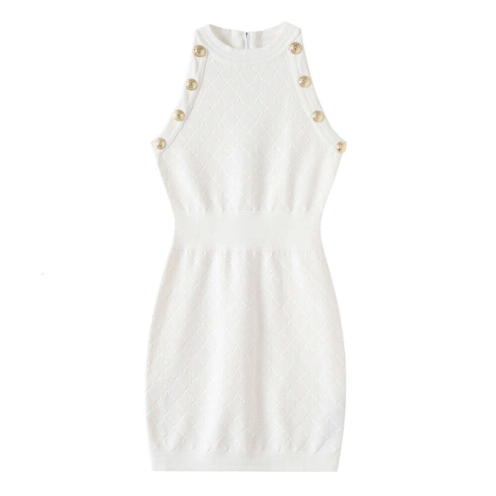 Summer new women's fashionable social style dress, high-end mid to long French white backless collar sleeveless knitted skirt