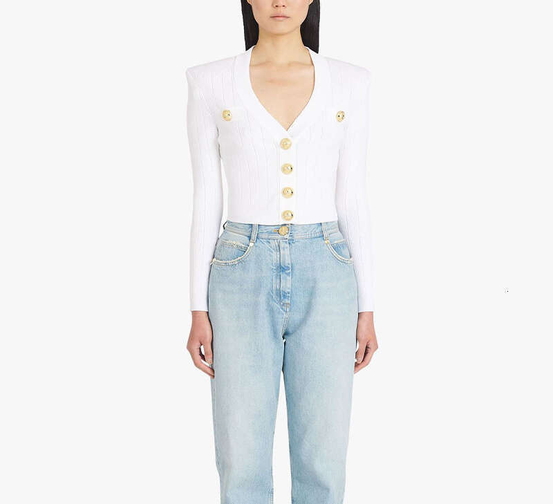 2026 Spring and Autumn deep V-neck long sleeved heavy metal button hollow slim knit short cardigan for women