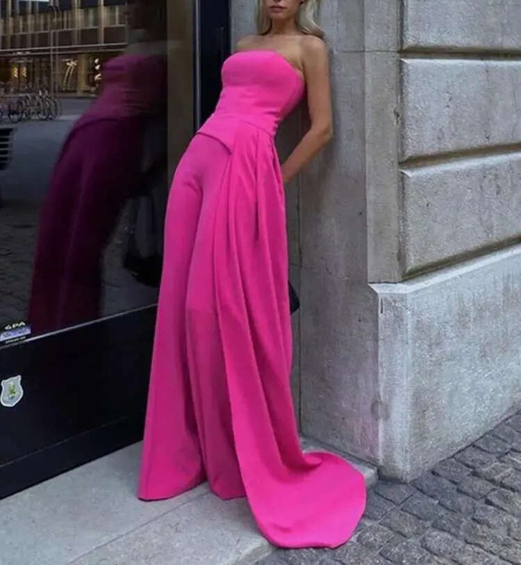 Designer Chest Women's Rose Red Ultra Thin Sleeveless Top High Waist Wide Leg Pants Two Piece Set Party Club