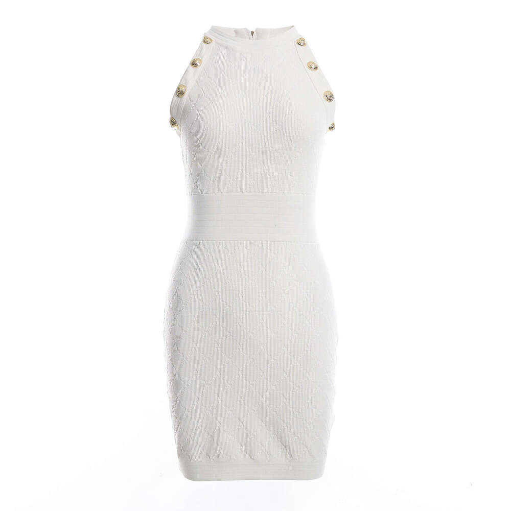 Summer new women's fashionable social style dress, high-end mid to long French white backless collar sleeveless knitted skirt