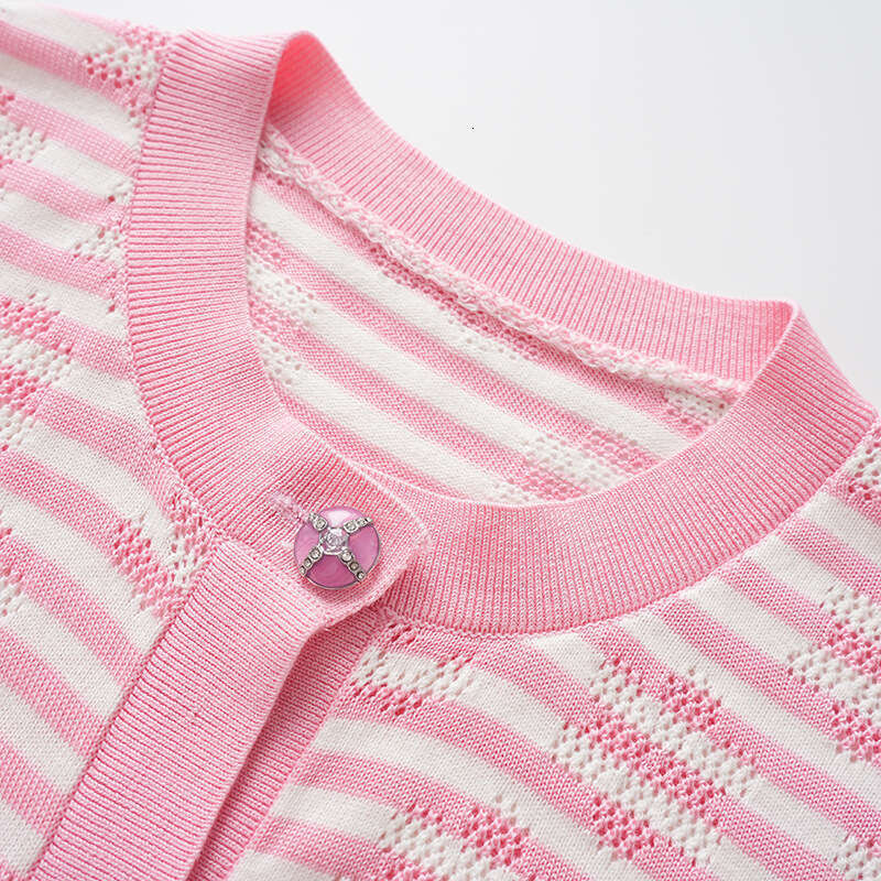 Girl style pink and white striped hollow round neck knitted cardigan, 2026 summer and autumn new top, women's clothing