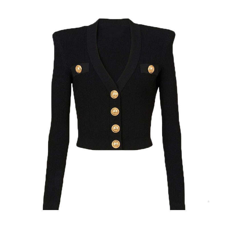 2026 Spring and Autumn deep V-neck long sleeved heavy metal button hollow slim knit short cardigan for women
