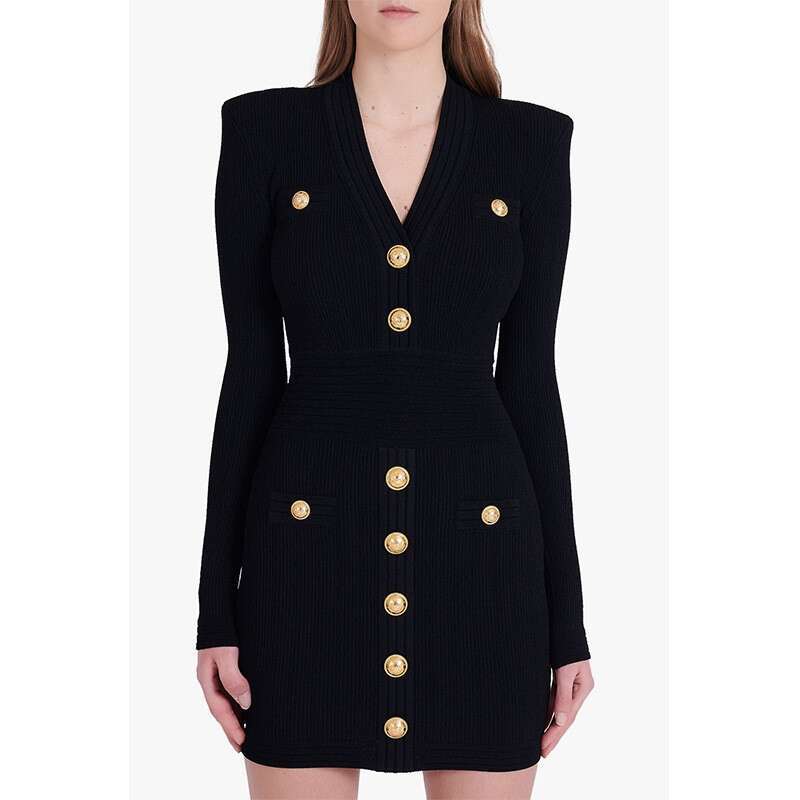 2026 Autumn/Winter New Celebrity Same Style Metal Button Long Sleeve V-neck Sexy Knitted Women's Dress Women's Wear