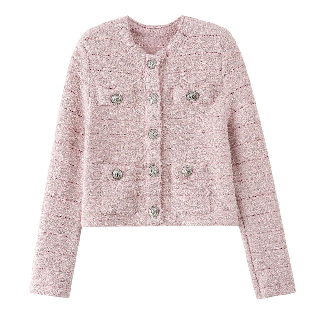 French 2026 autumn and winter style elegant social tweed round neck metal button long sleeved knitted top