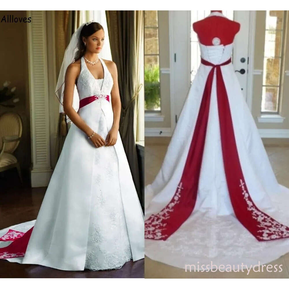 and African Red White A Line Wedding Dresses Halter Elegant Satin Lace Embellishment Plus Size Maternity Bridal Gowns for Women Corset Back Vestidos D