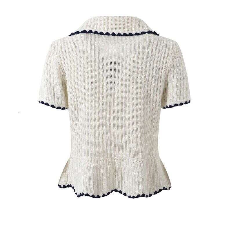 2026 Spring New Designer Color blocked Single breasted Elegant Short sleeved Knitted Top