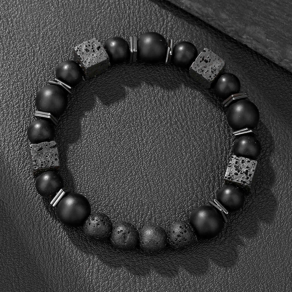 Beaded Bracelet Black 8-ball Adorned With Metal Cross Combined With Gold And Silver Obsidian Streetwear Cool Style