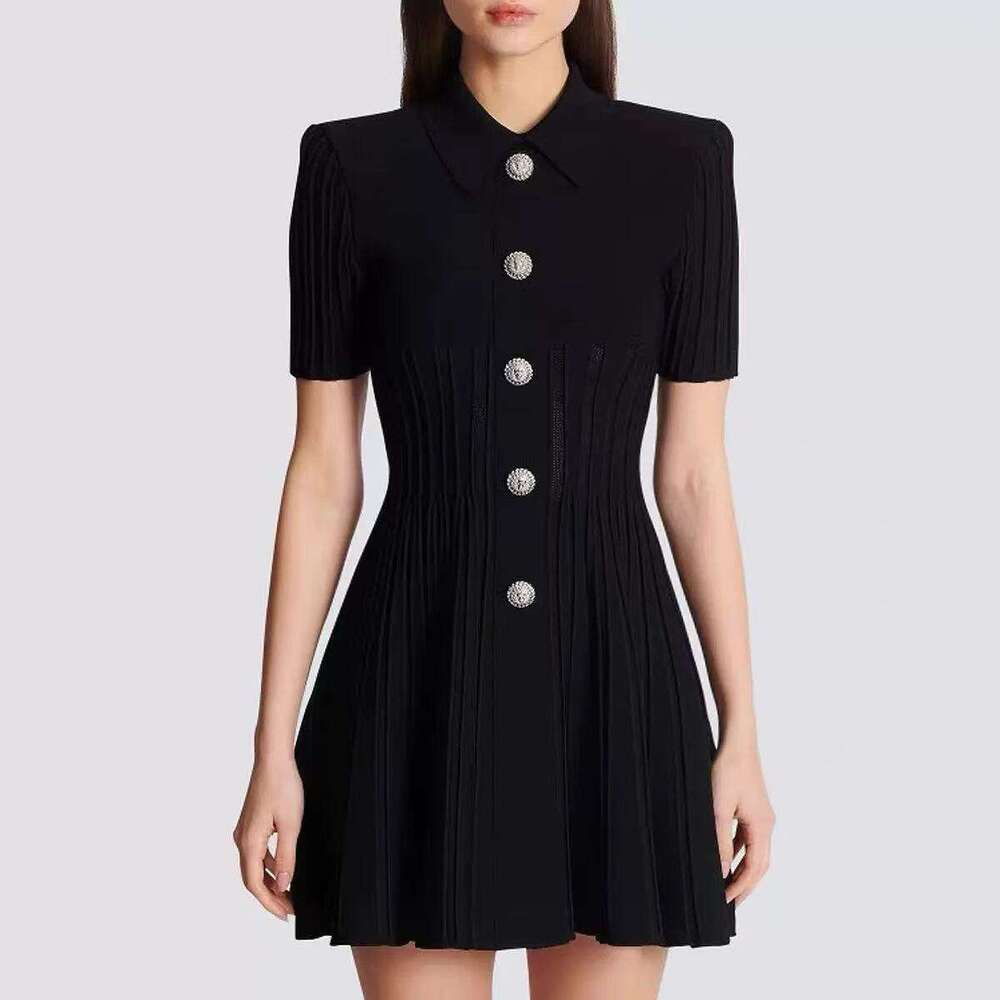 2026 European and American Spring/Summer Fashion Anti Stripe Knitted Collar Slimming A-line Elegant Black Women's Dress