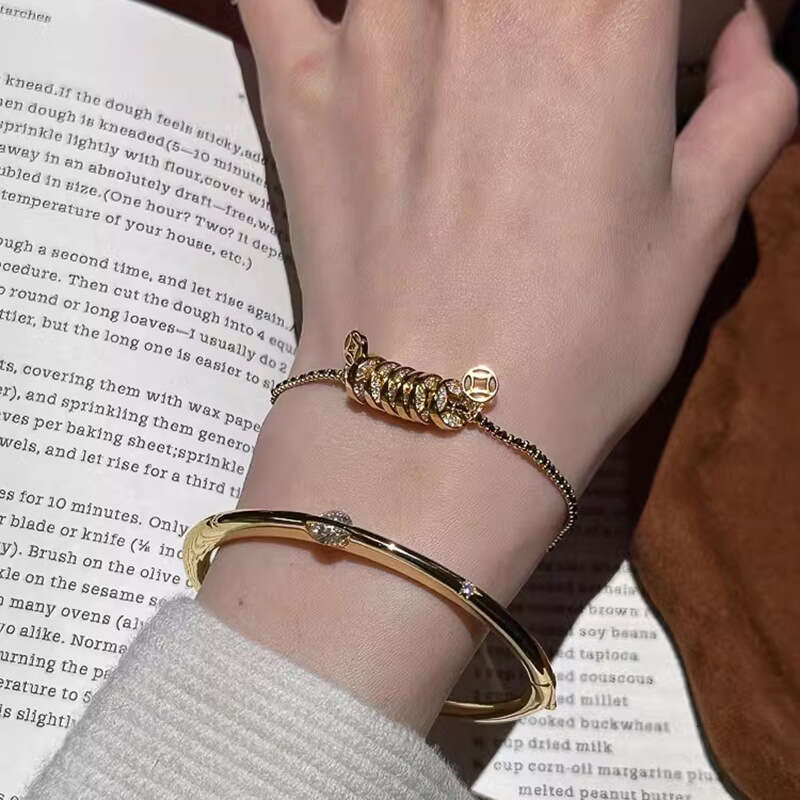 Women Jewelry Bangle Bracelet for Women Fortune-Bringing Coin Jewelry Gold Bracelet Shiny Zircon Inlaid Adjustable Clasp for Daily Office Wear