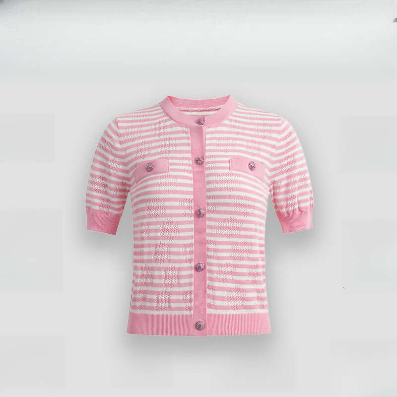Girl style pink and white striped hollow round neck knitted cardigan, 2026 summer and autumn new top, women's clothing