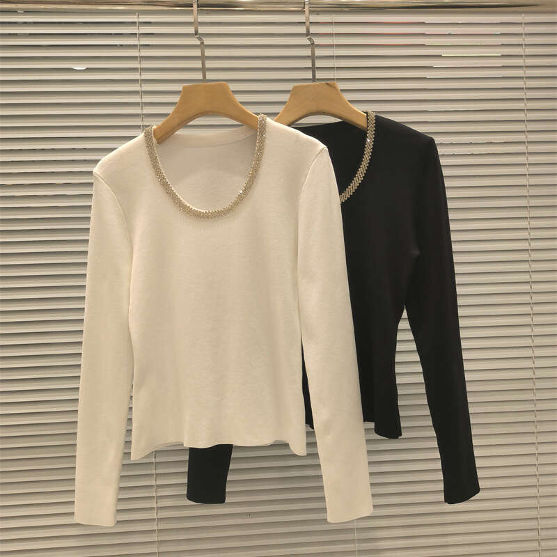 2026 French social octagonal collar heavy craftsmanship light luxury elegant slim fit Tencel long sleeved knitted women's top