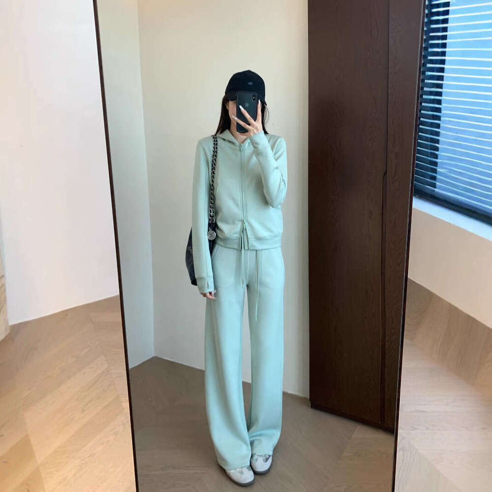 2026 Designer Spring and Autumn New Sand Washed Matte Naked Zipper Hoodie Straight Leg Pants Set