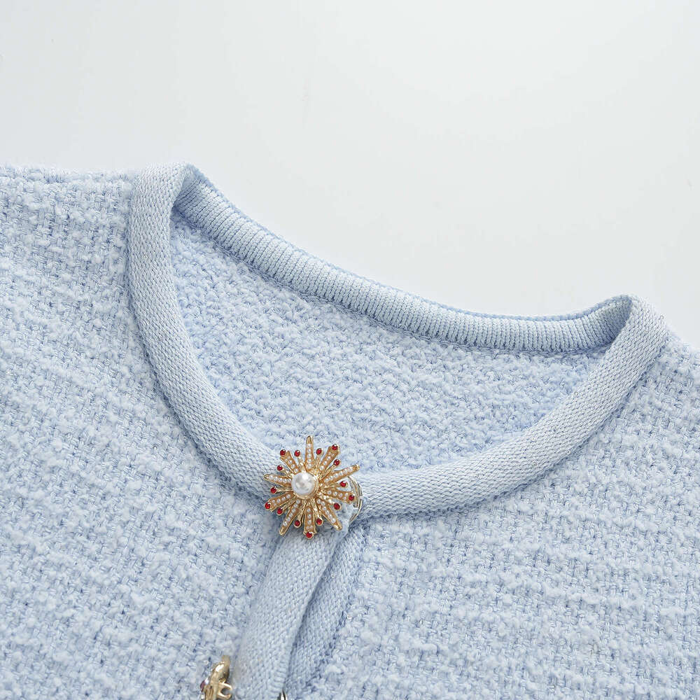 2026 autumn new elegant social exquisite style rhinestone buckle design feeling hazy blue knitted short skirt