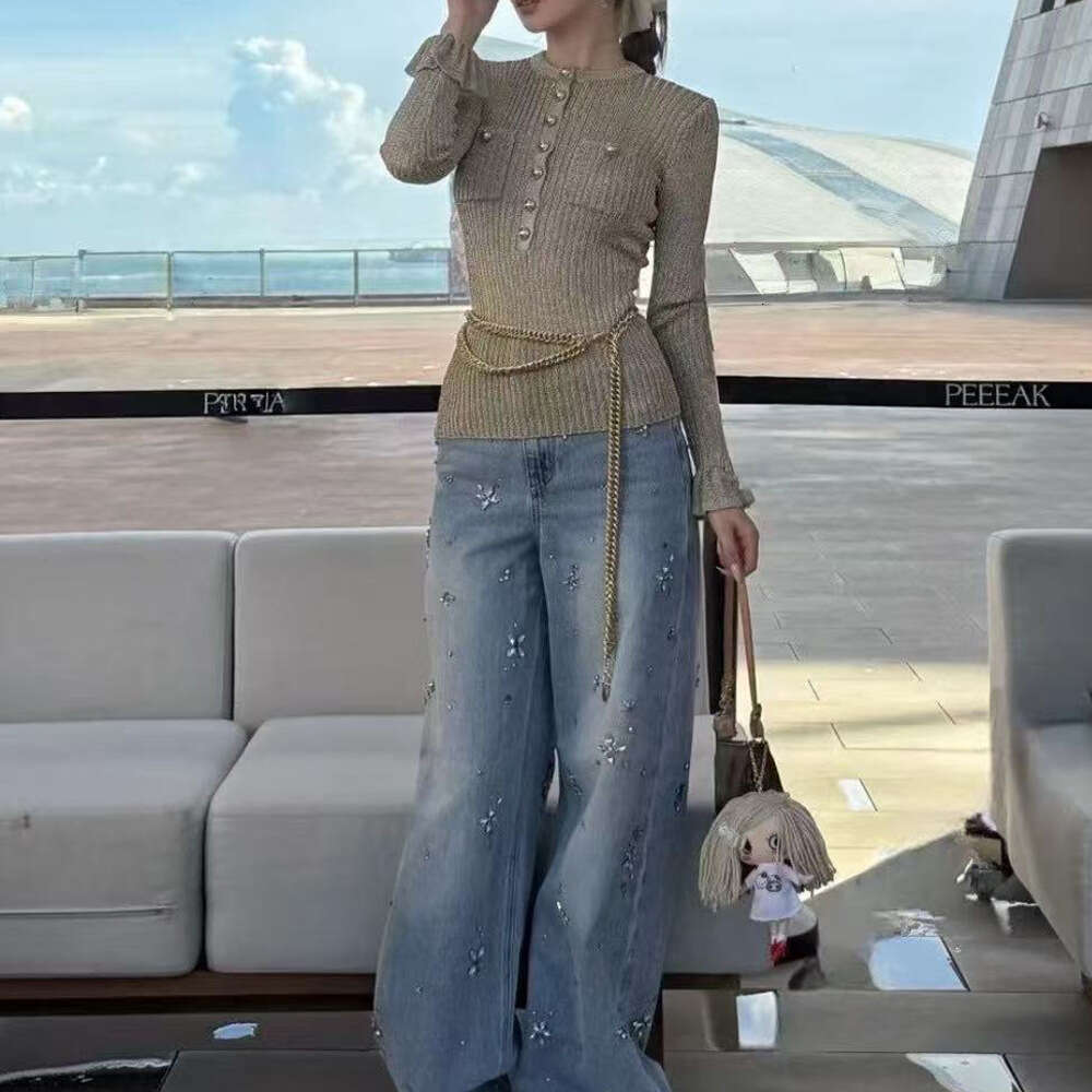 2026 Autumn/Winter New Women's Fashion Gold Round Neck Long Sleeve Solid Color Slimming Knitted Top