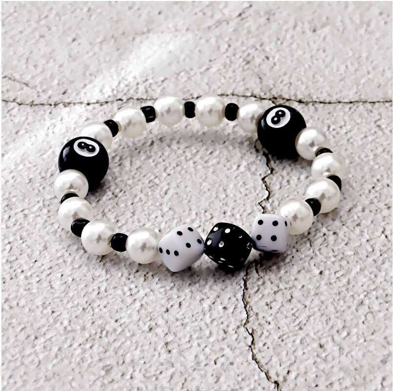 Beaded Bracelet Black 8-ball Adorned With Metal Cross Combined With Gold And Silver Obsidian Streetwear Cool Style