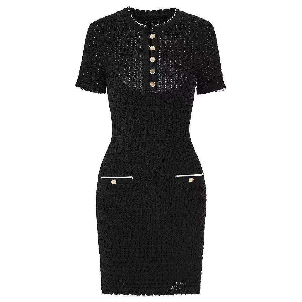 2026 Spring French Elegant Fashion Knitted Hollow Color Block Dress with Short Skirt Inner Set
