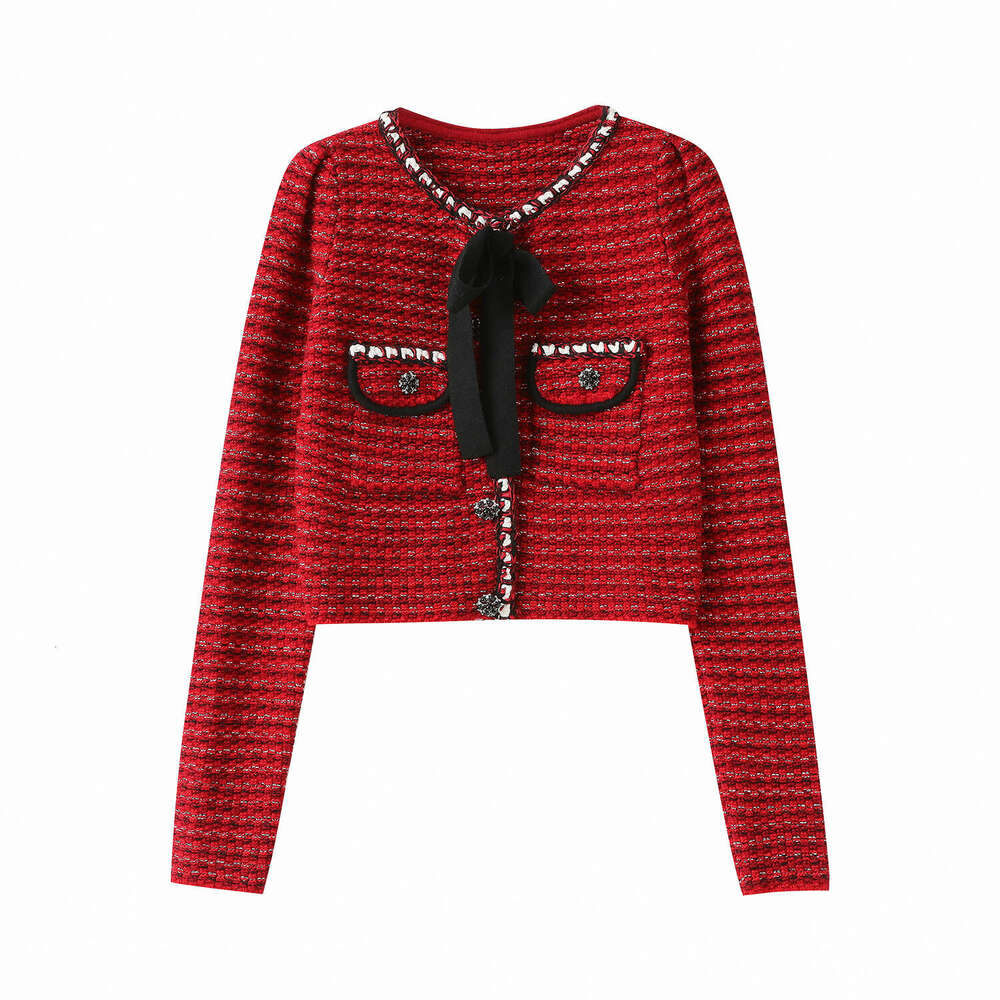 2026 Autumn New Style Red Bow Wool Knitted Cardigan Jacket and Skirt Two Piece Set for Women