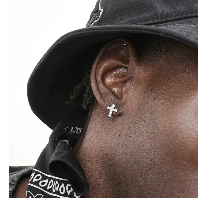 Rhinestones Cross Earrings for Men Personality Hip-Hop Pair Stainless Steel Stud Earrings Male Womens Party Jewelry 260206